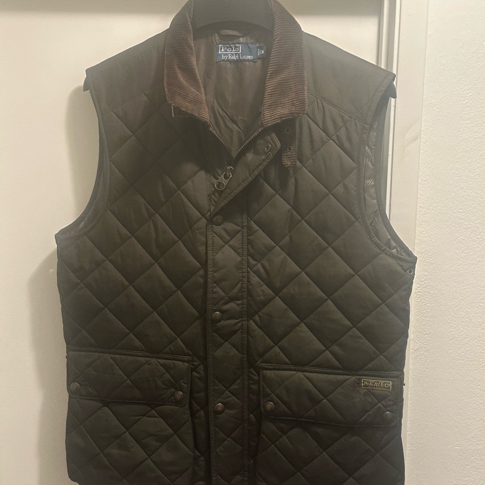 Polo Ralph Lauren Green Gilet Quilted Corduroy Collar Suede Trim Medium